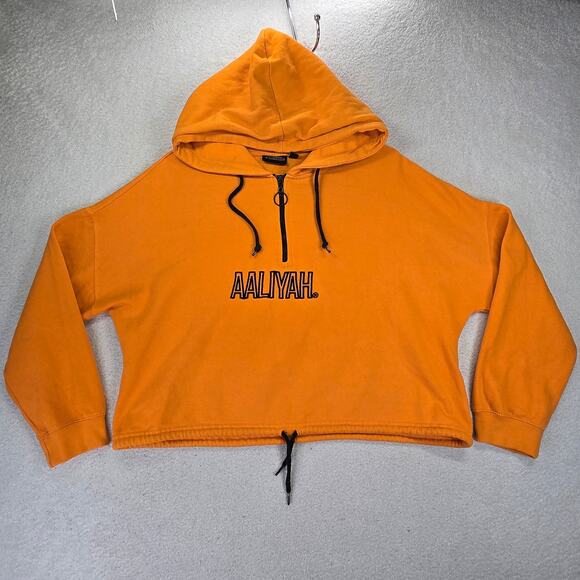 Vintage Aaliyah Cropped Hoodie Womens L Jacket Orange Queen of R&B 1/4 Zip Y2K - Picture 1 of 11